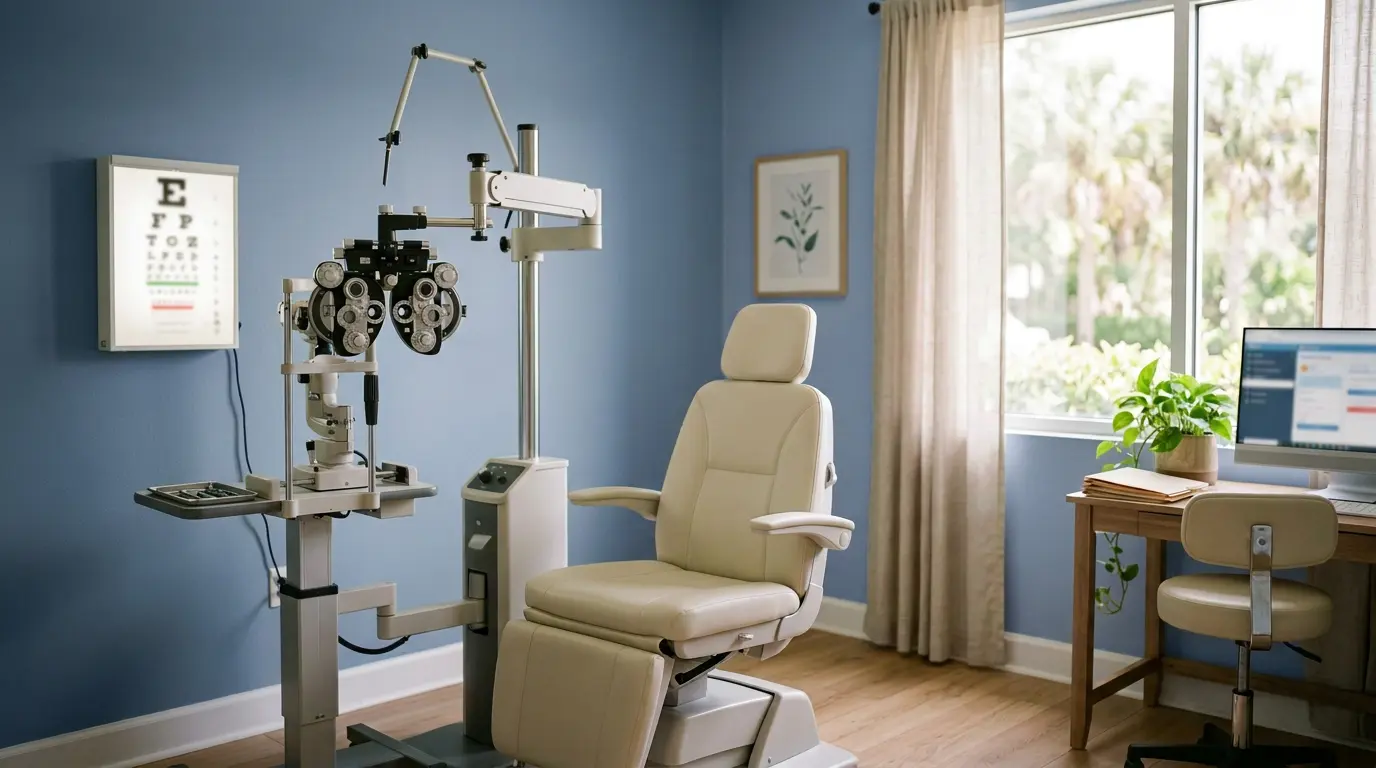 Calm exam room with a phoropter, exam chair and eye chart