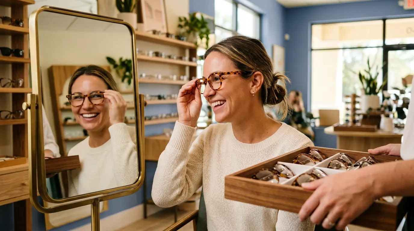 A patient smiling as she tries on tortoiseshell glasses in front of a mirror