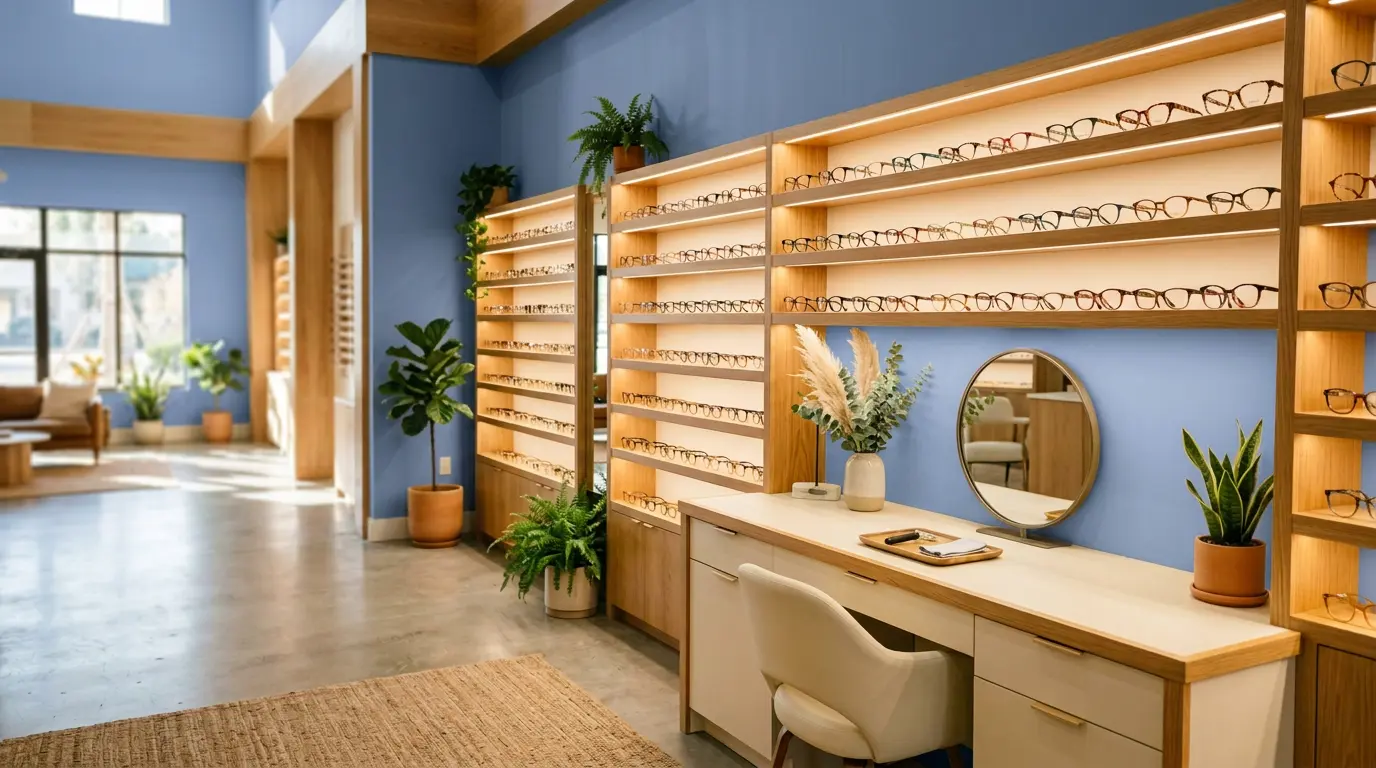 Wall of designer eyeglass frames and a fitting table in a bright optical boutique